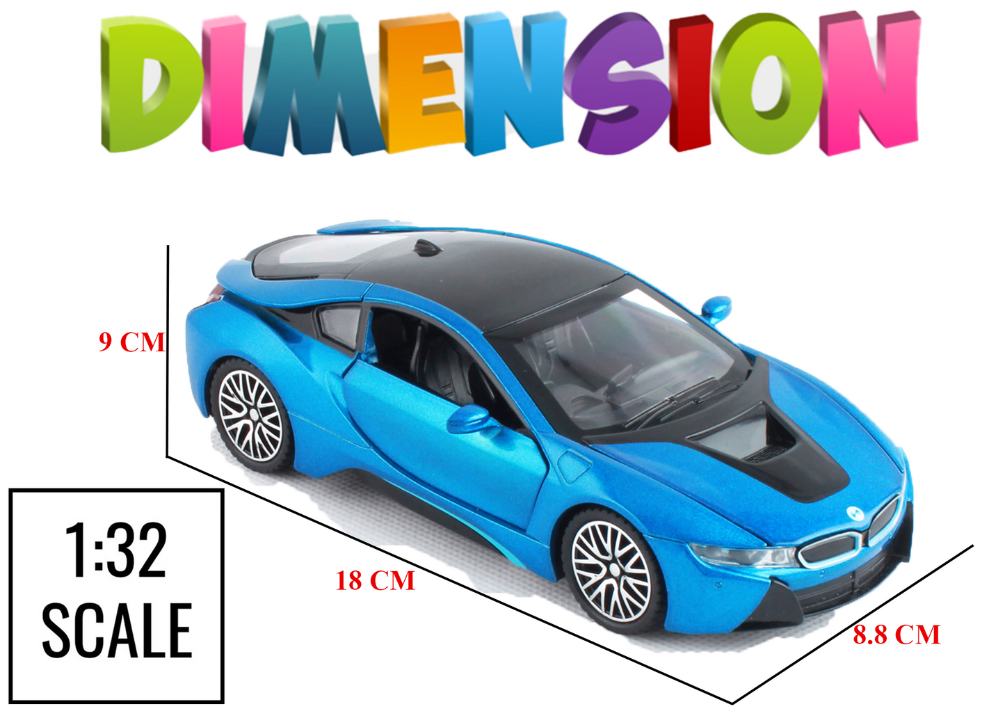 BMW I8 1:32 Scale Alloy Metal Pullback Toy car with Openable Doors Light Music