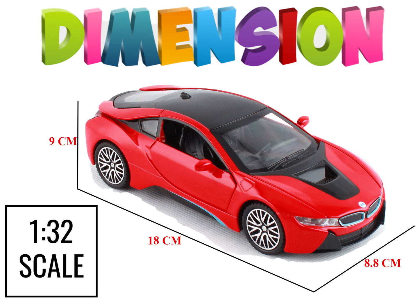 BMW I8 1:32 Scale Alloy Metal Pullback Toy car with Openable Doors Light Music