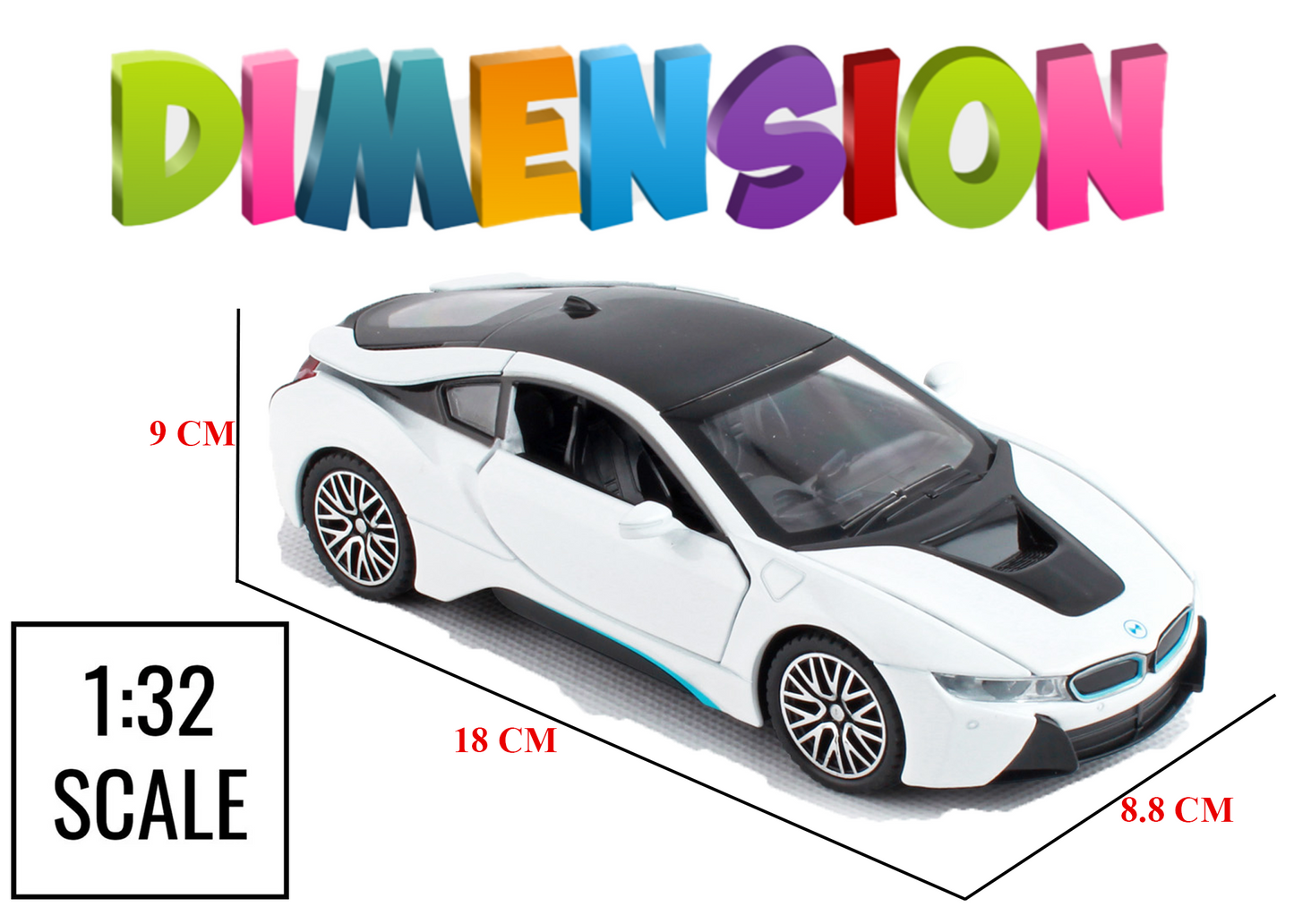 BMW I8 1:32 Scale Alloy Metal Pullback Toy car with Openable Doors Light Music