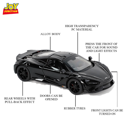 McLaran 765LT 1:32 Scale – Die-cast Metal Pull Back Car with Light, Sound & Openable Doors
