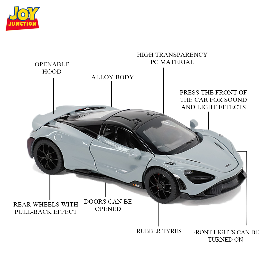 McLaran 765LT 1:32 Scale – Die-cast Metal Pull Back Car with Light, Sound & Openable Doors