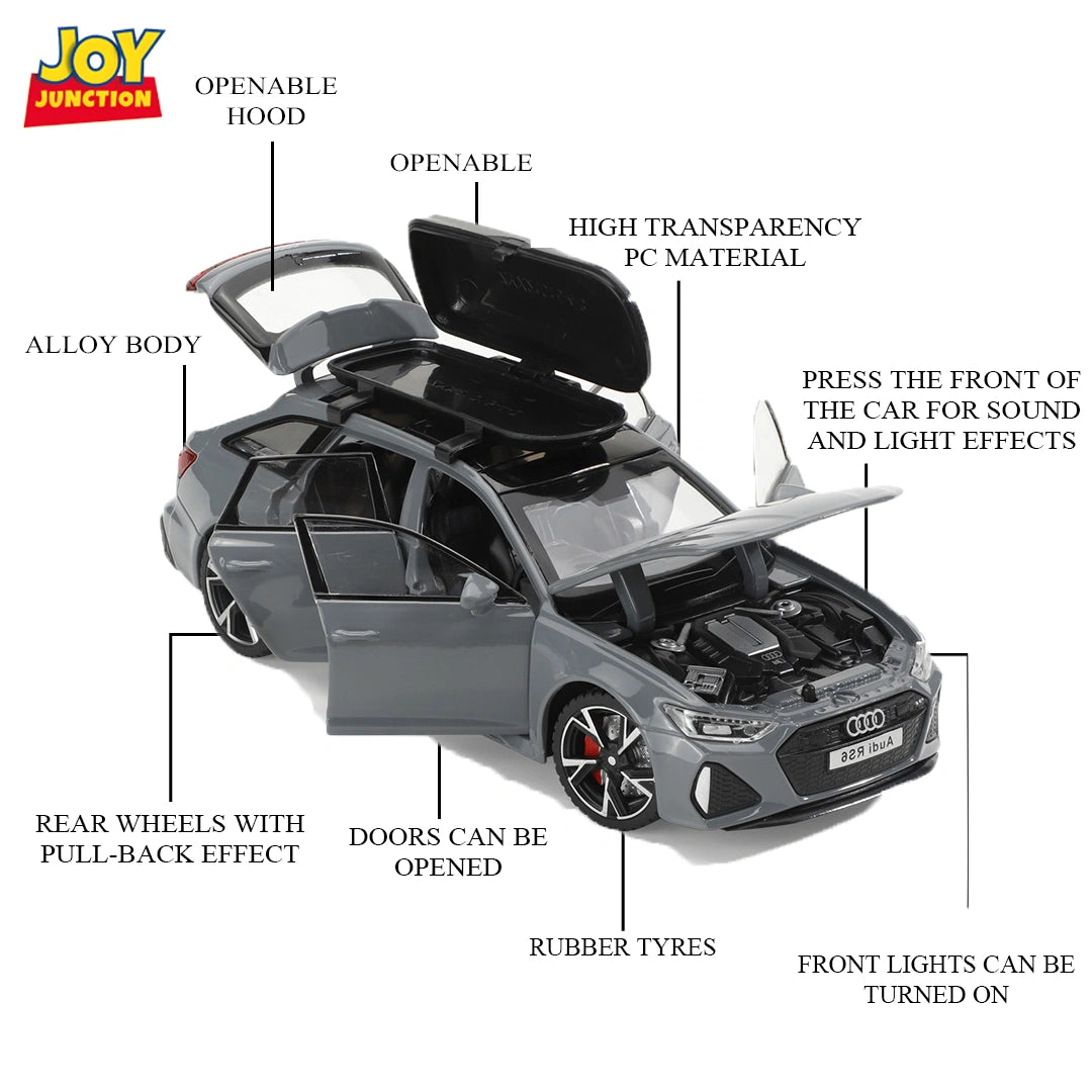 Audii RS-6 1:32 Scale Diecast Pull Back Toy Car with Openable Doors, Lights & Engine Sound