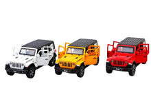 Three toy Jeeps in white, orange, and red on a white background