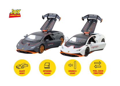 Lambo Hurracan STO Metal Toy Car – 1:24 Die-Cast Pull-Back Model with Openable Doors, Light and Sound