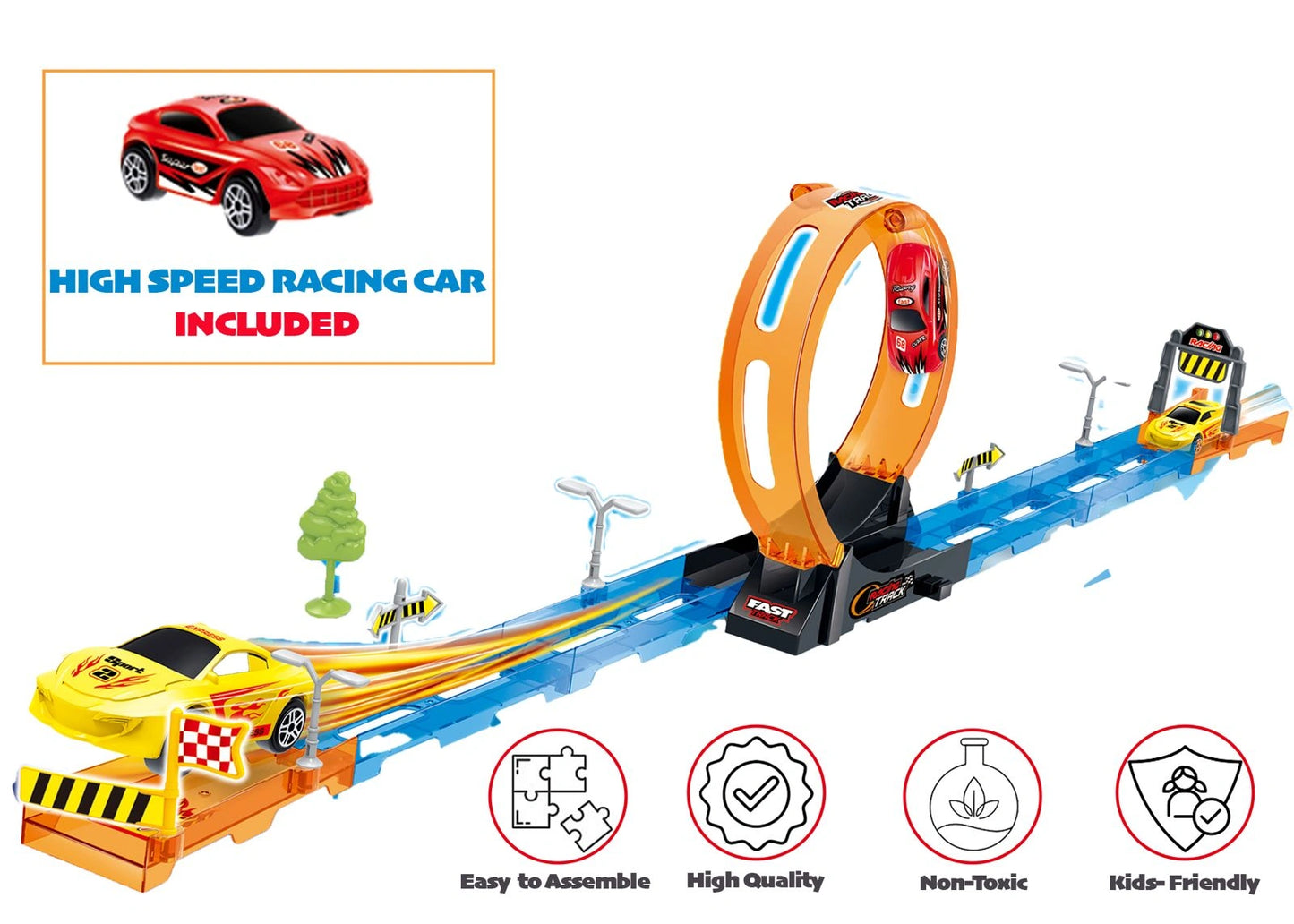 Track Set 15PC Racing Car Track Toy with 360° Loops, Ramps & Checkpoints for Kids