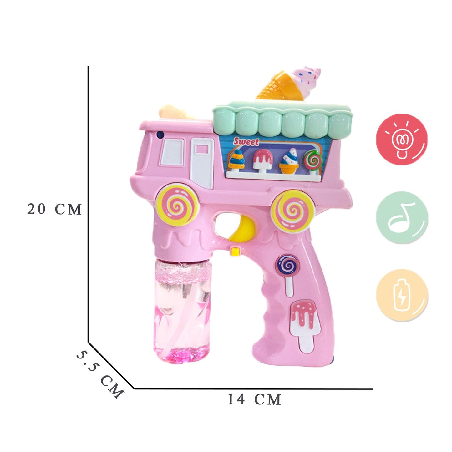 Electric Bubble Gun Toy for Kids – Ice Cream Bubble Shooter with Lights, Music & 2 Bubble Liquid Bottles