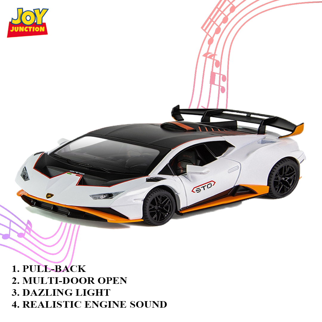 Lambo Hurracan STO Metal Toy Car – 1:24 Die-Cast Pull-Back Model with Openable Doors, Light and Sound