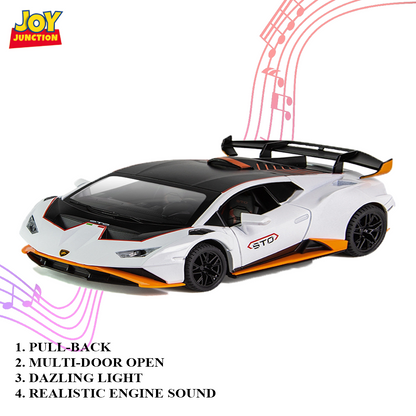 Lambo Hurracan STO Metal Toy Car – 1:24 Die-Cast Pull-Back Model with Openable Doors, Light and Sound