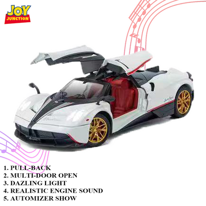 Paganii Huayraa BC 1:24 Scale Diecast Alloy Toy Car with Lights, Sound & Smoke – Pull Back Action, Openable Doors