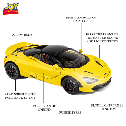 McLaren 720s Convertible Version 1:24 Scale Alloy Metal Pullback Toy car with Openable Doors Light Music