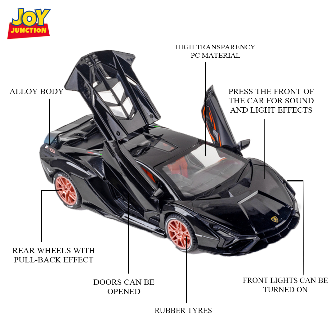 Lamborghini Lightning 1:24 Scale Alloy Metal Pull Back with Display Box, Openable Doors, Lisght, Sound & Water Spray