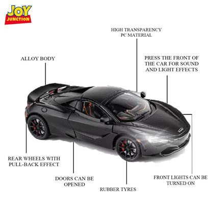 McLaren 720s Convertible Version 1:24 Scale Alloy Metal Pullback Toy car with Openable Doors Light Music