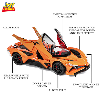 Apolloo EVO Metal Diecast Toy Car – 1:24 Scale Pull Back Model with Lights, Sound & Openable Doors