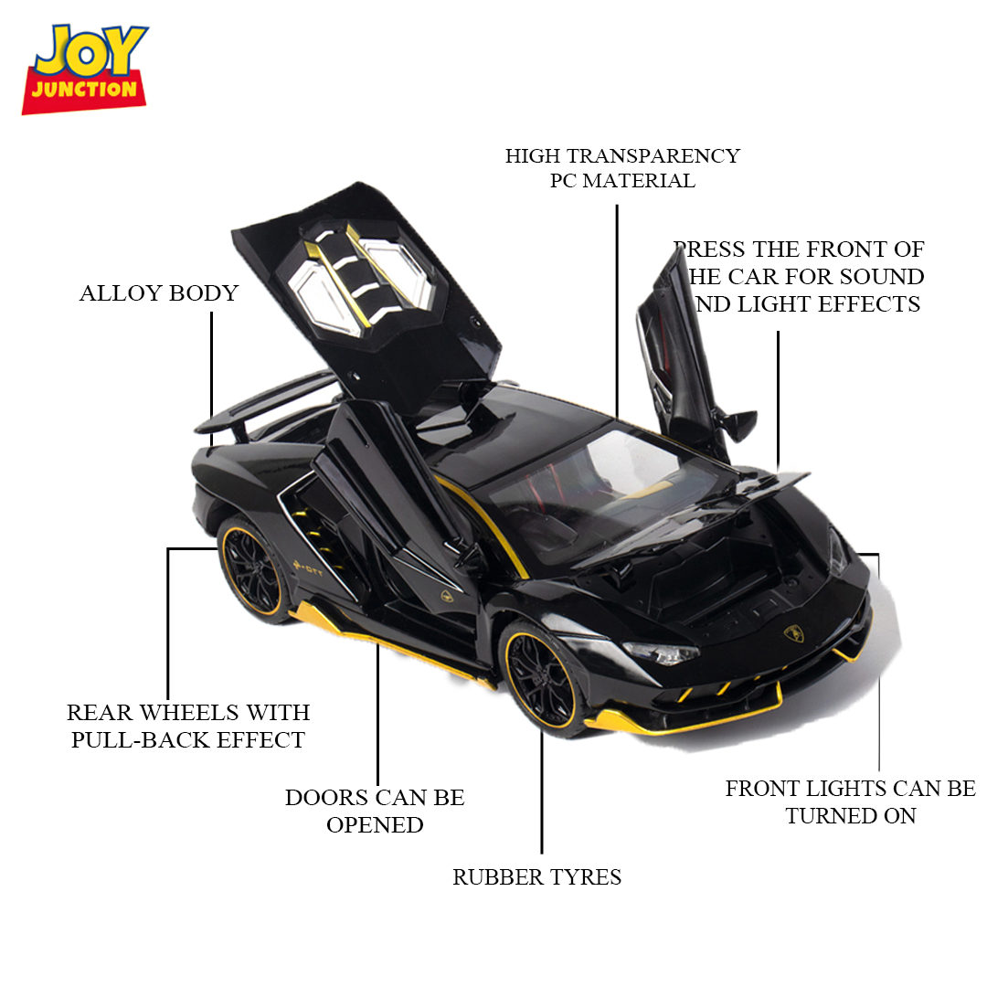 Lambo 1:24 Scale Die-cast Pull Back Toy Car with Lights, Music & Openable Doors