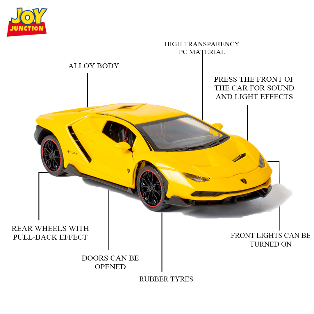 Lambo 1:24 Scale Die-cast Pull Back Toy Car with Lights, Music & Openable Doors