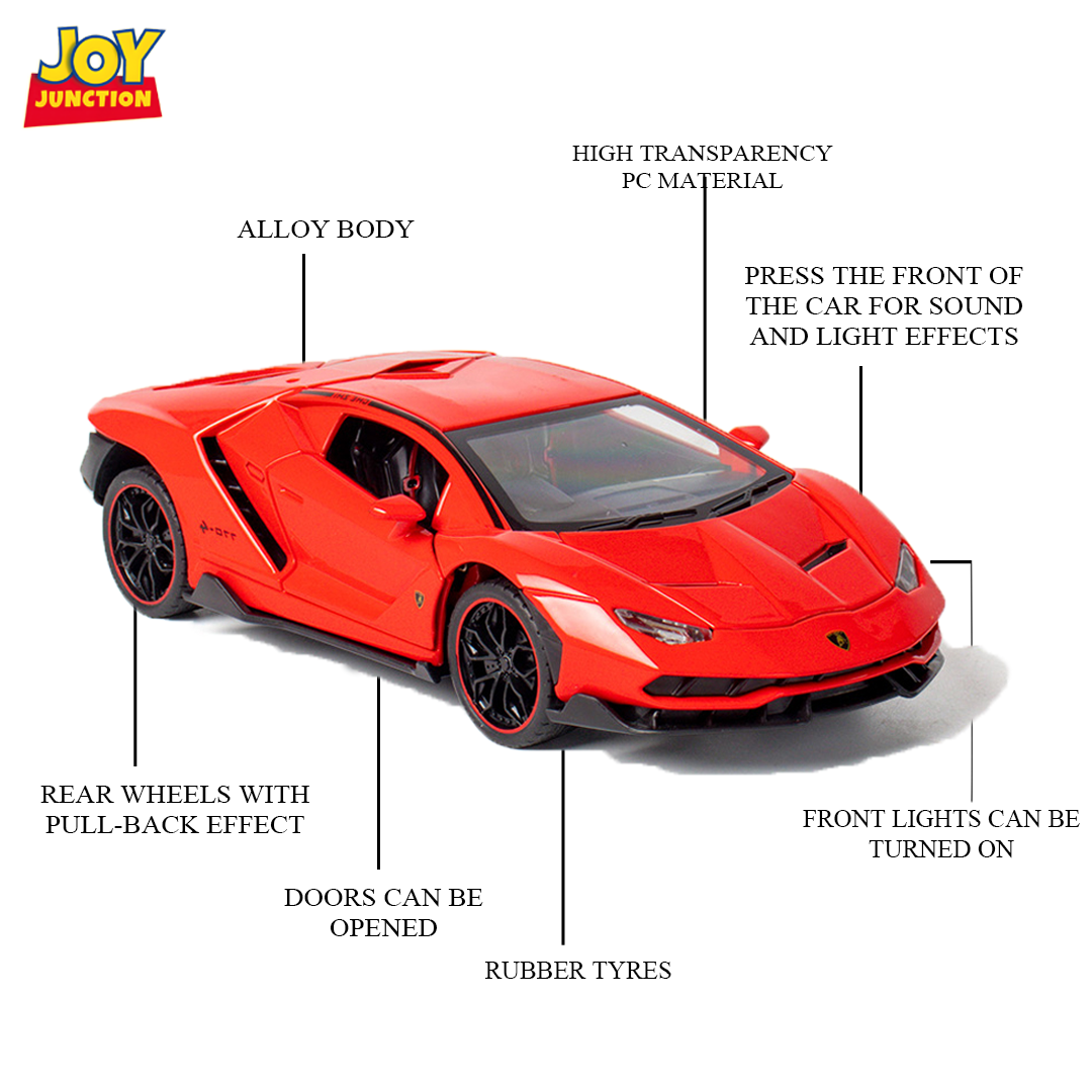 Lambo 1:24 Scale Die-cast Pull Back Toy Car with Lights, Music & Openable Doors