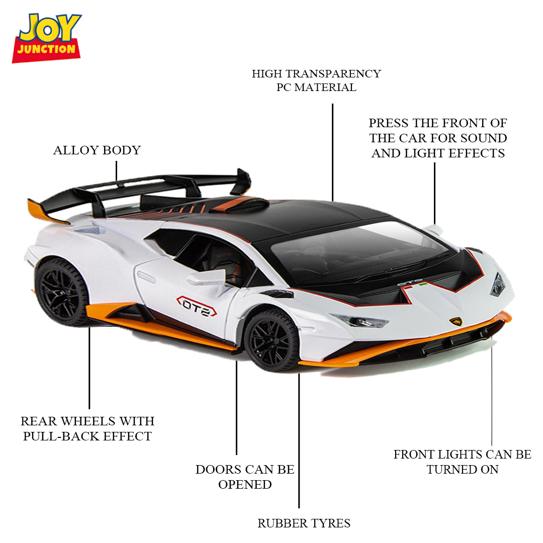 Lambo Hurracan STO Metal Toy Car – 1:24 Die-Cast Pull-Back Model with Openable Doors, Light and Sound