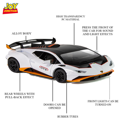 Lambo Hurracan STO Metal Toy Car – 1:24 Die-Cast Pull-Back Model with Openable Doors, Light and Sound