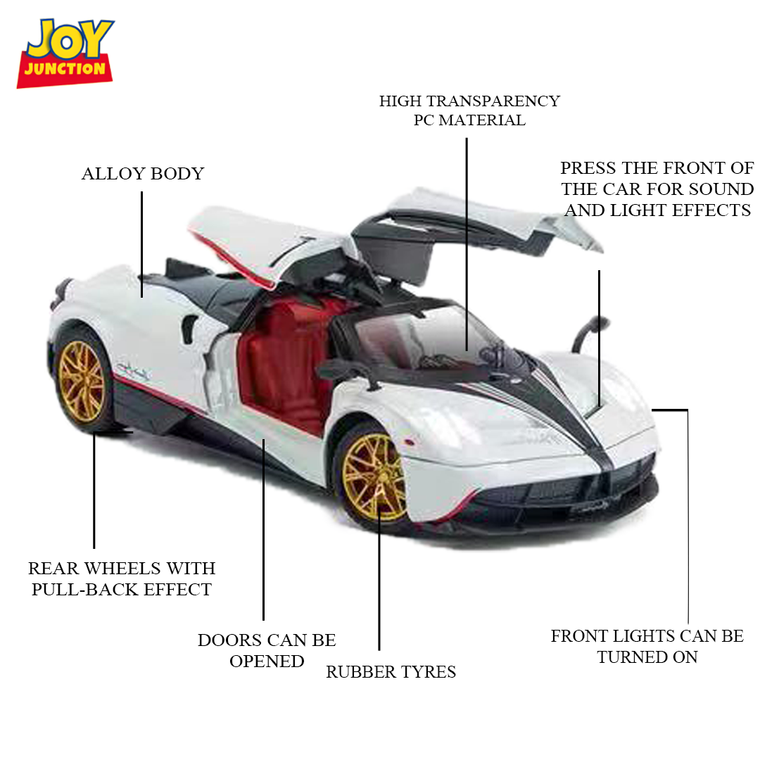 Paganii Huayraa BC 1:24 Scale Diecast Alloy Toy Car with Lights, Sound & Smoke – Pull Back Action, Openable Doors