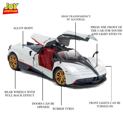Paganii Huayraa BC 1:24 Scale Diecast Alloy Toy Car with Lights, Sound & Smoke – Pull Back Action, Openable Doors