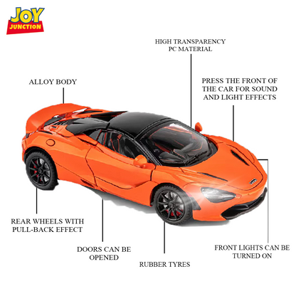 McLaren 720s Convertible Version 1:24 Scale Alloy Metal Pullback Toy car with Openable Doors Light Music