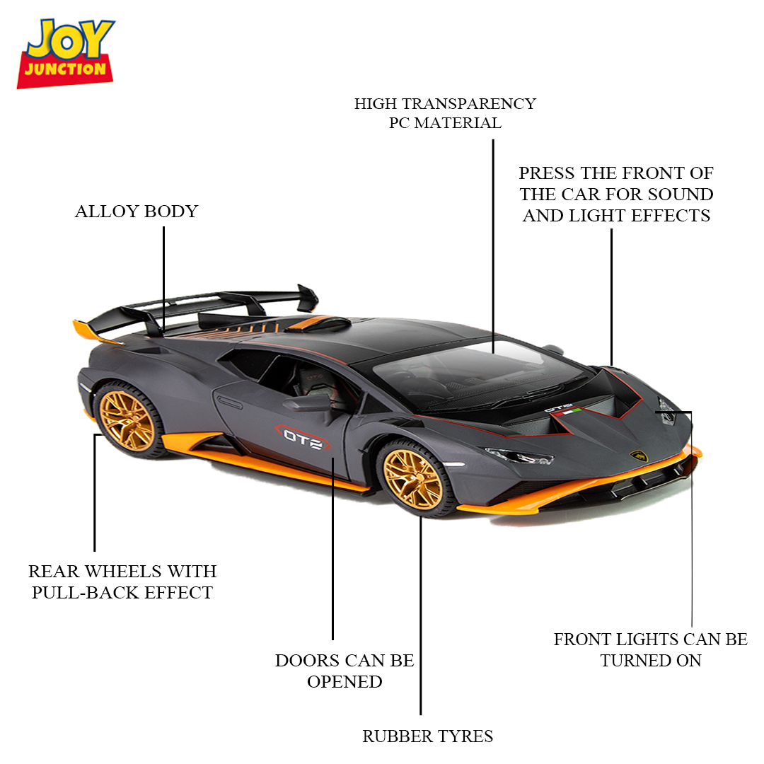 Lambo Hurracan STO Metal Toy Car – 1:24 Die-Cast Pull-Back Model with Openable Doors, Light and Sound