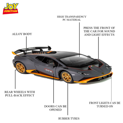 Lambo Hurracan STO Metal Toy Car – 1:24 Die-Cast Pull-Back Model with Openable Doors, Light and Sound