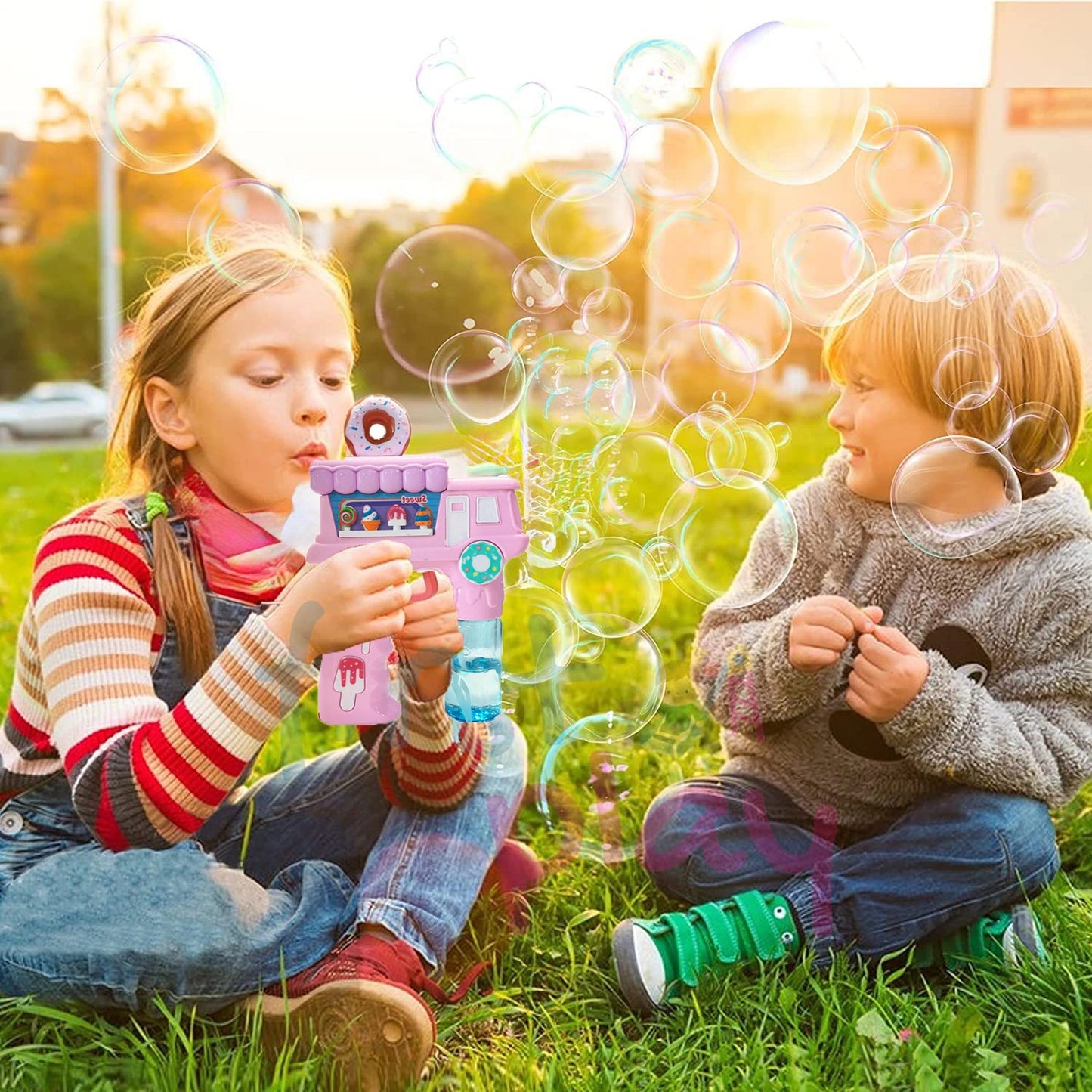 Electric Donut Bubble Gun Toy for Kids with Lights, Music & 2 Bubble Solution Bottles