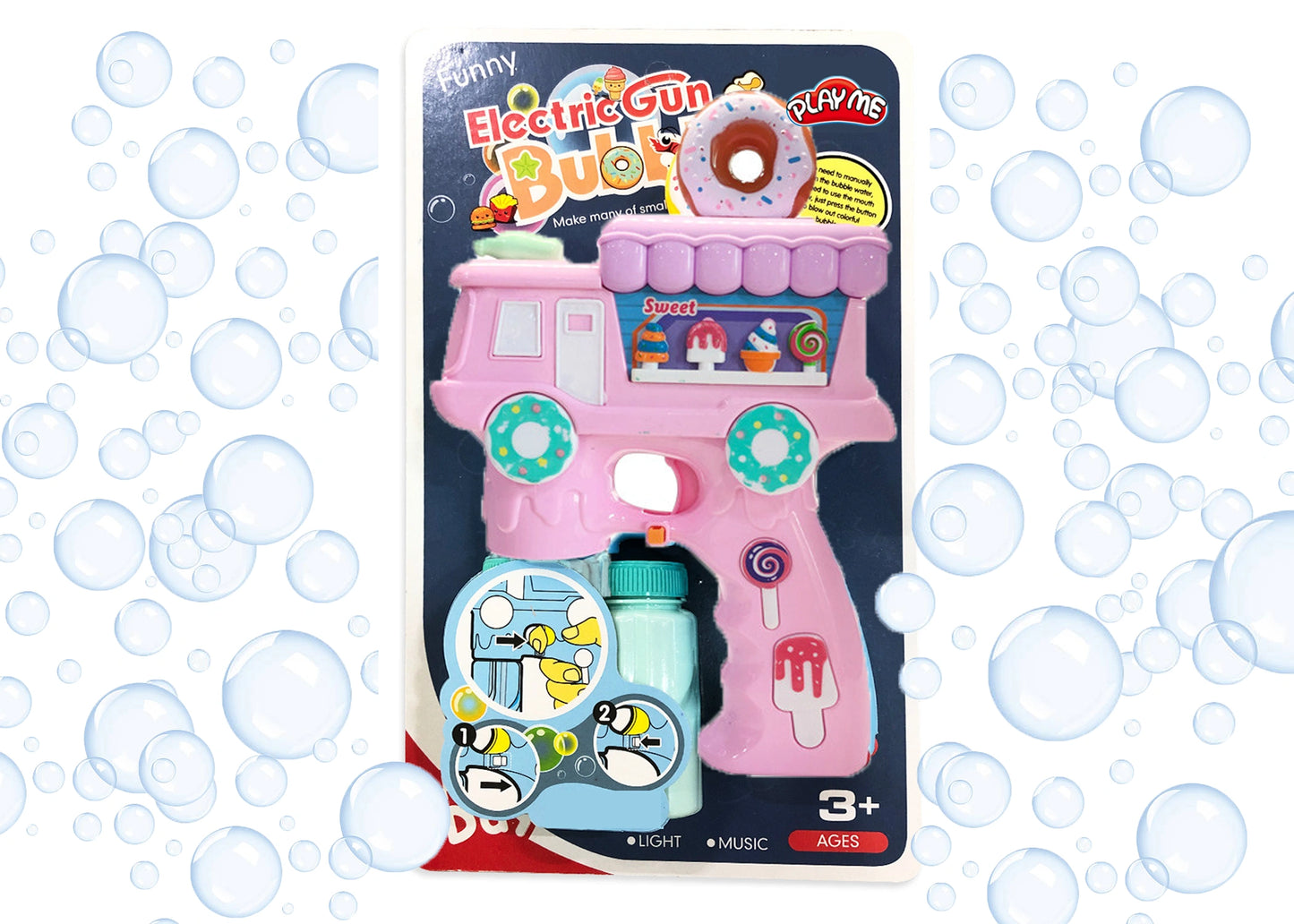 Electric Donut Bubble Gun Toy for Kids with Lights, Music & 2 Bubble Solution Bottles