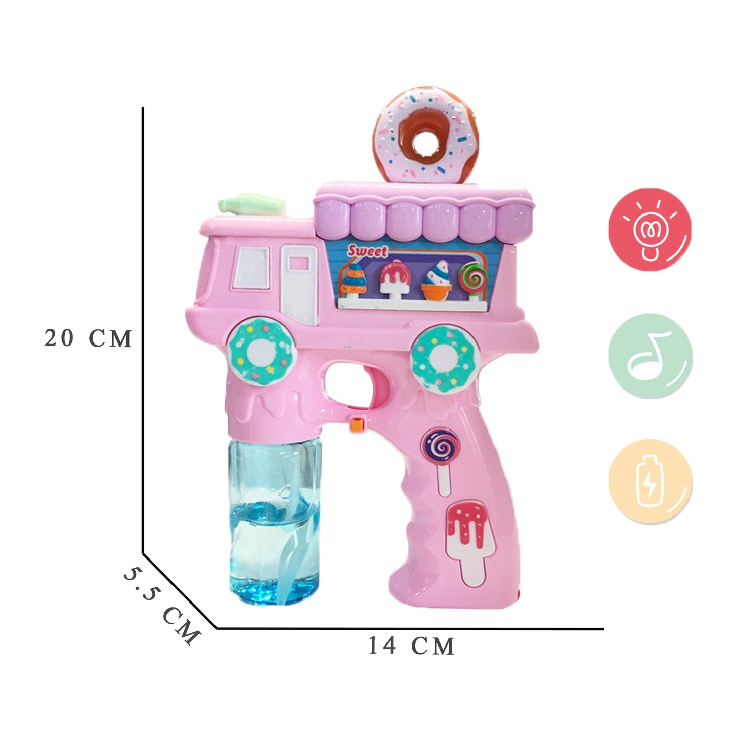 Electric Donut Bubble Gun Toy for Kids with Lights, Music & 2 Bubble Solution Bottles