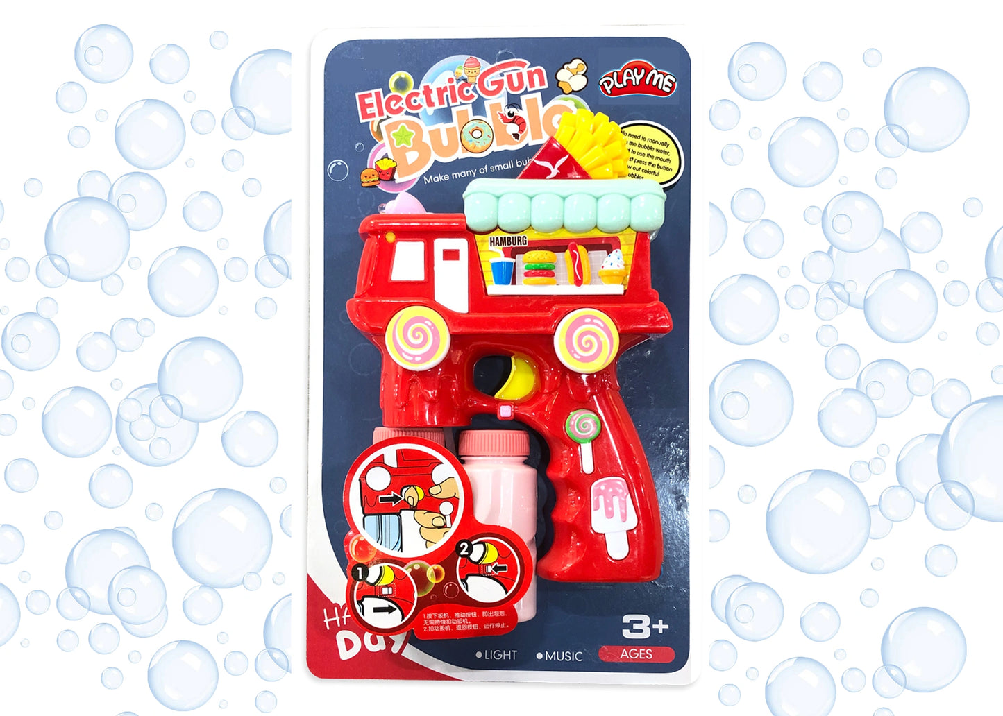 Electric Bubble Gun Toy for Kids – French Fries Bubble Shooter with Lights, Music & 2 Bubble Liquid Bottles