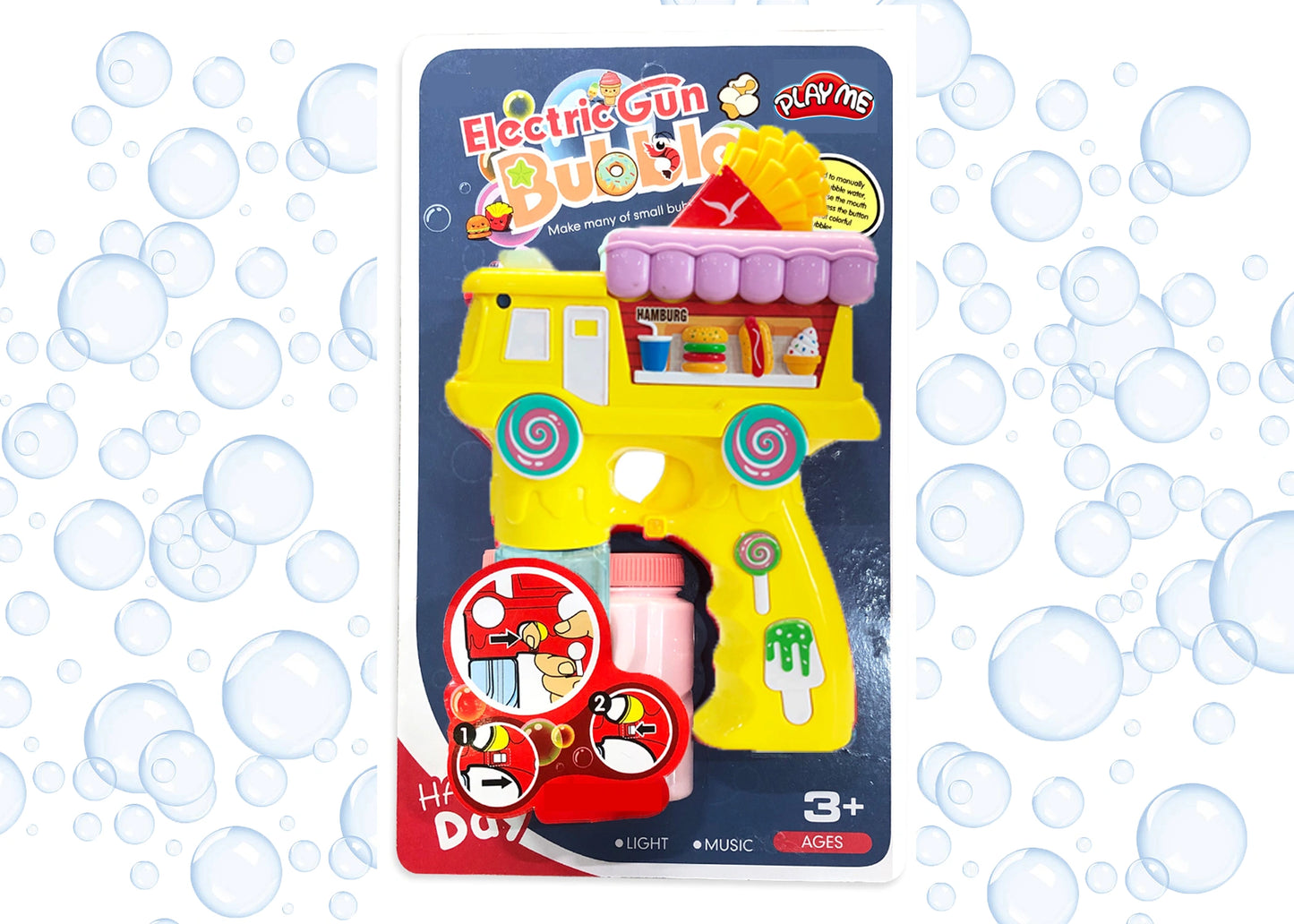 Electric Bubble Gun Toy for Kids – French Fries Bubble Shooter with Lights, Music & 2 Bubble Liquid Bottles