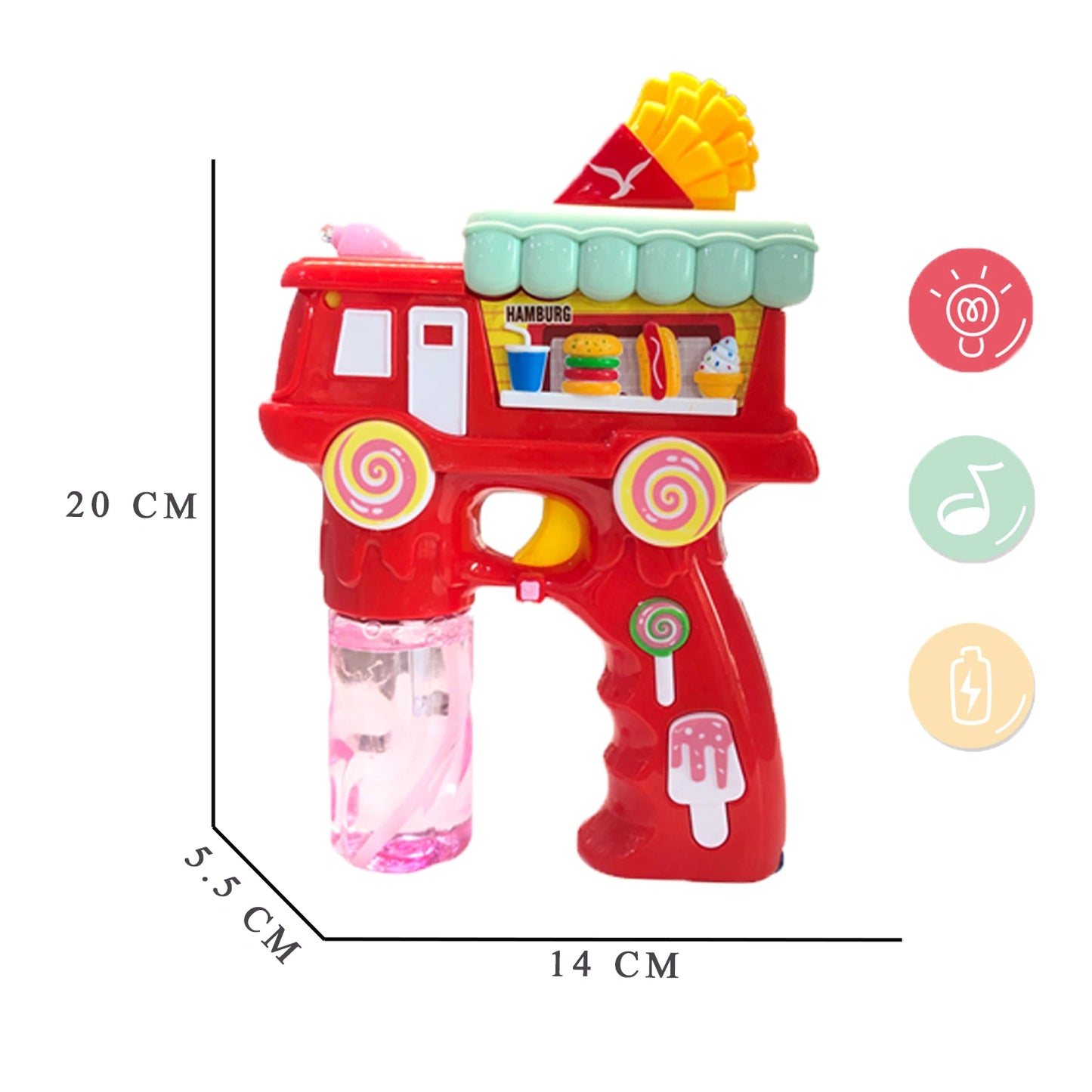 Electric Bubble Gun Toy for Kids – French Fries Bubble Shooter with Lights, Music & 2 Bubble Liquid Bottles