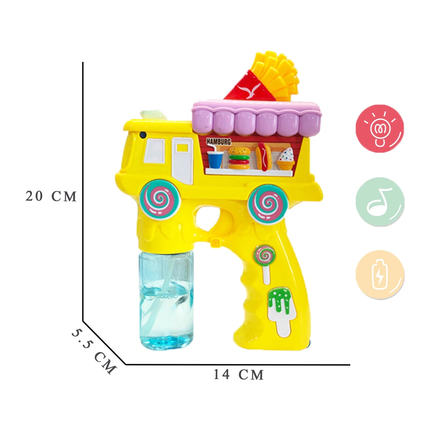 Electric Bubble Gun Toy for Kids – French Fries Bubble Shooter with Lights, Music & 2 Bubble Liquid Bottles