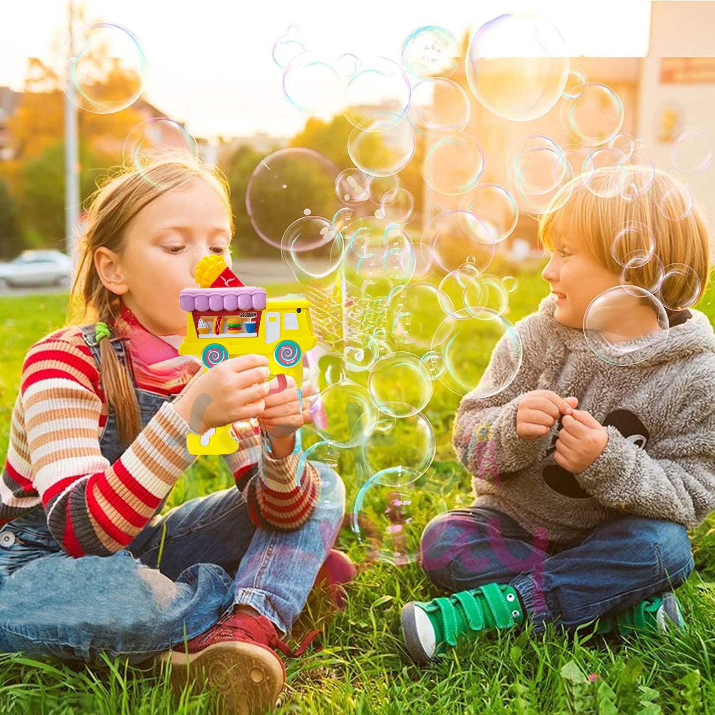 Electric Bubble Gun Toy for Kids – French Fries Bubble Shooter with Lights, Music & 2 Bubble Liquid Bottles