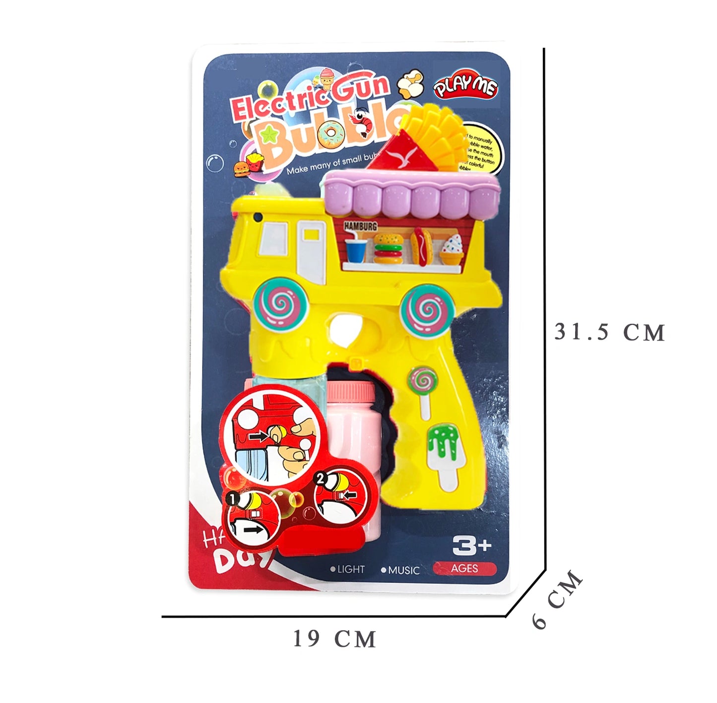 Electric Bubble Gun Toy for Kids – French Fries Bubble Shooter with Lights, Music & 2 Bubble Liquid Bottles