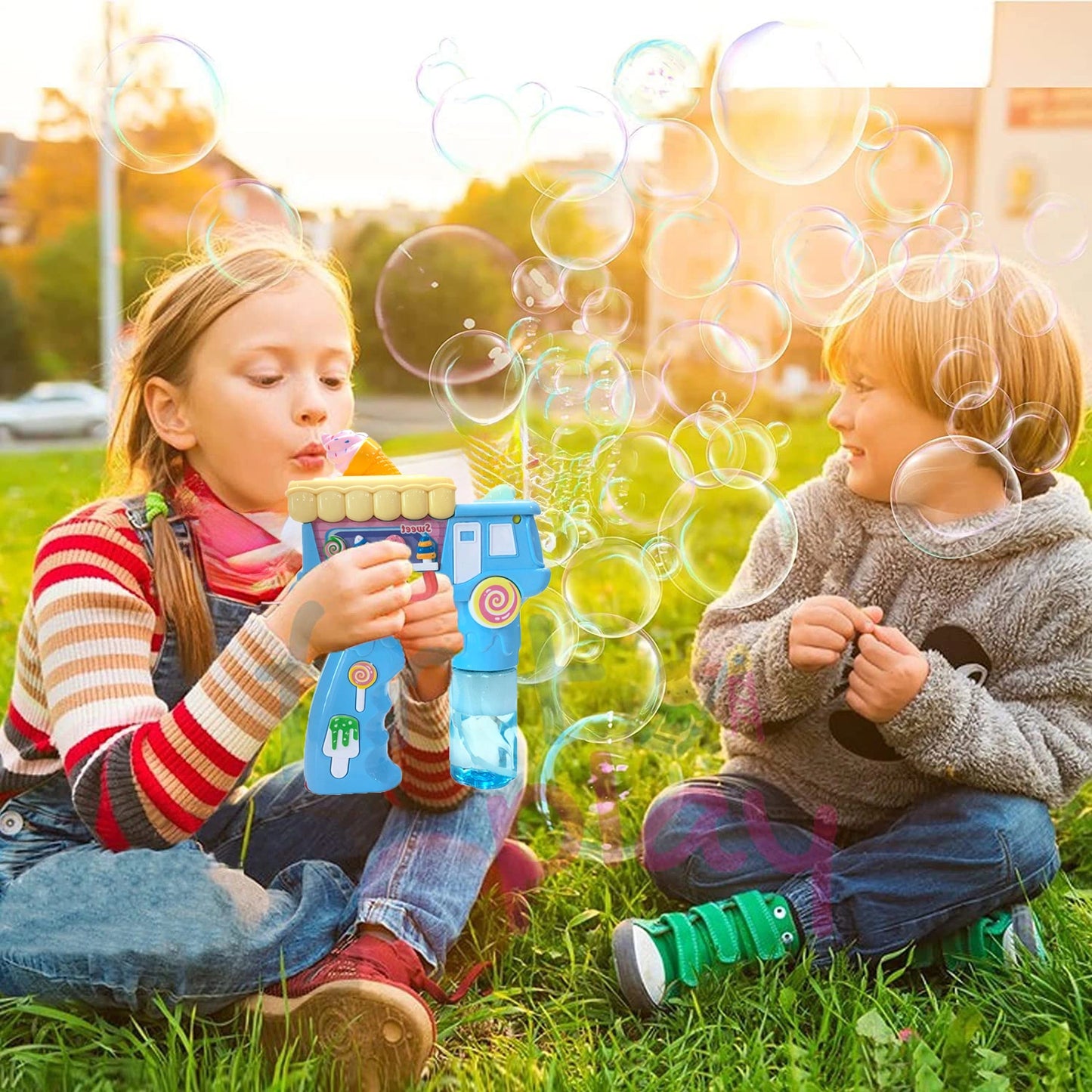 Electric Bubble Gun Toy for Kids – Ice Cream Bubble Shooter with Lights, Music & 2 Bubble Liquid Bottles