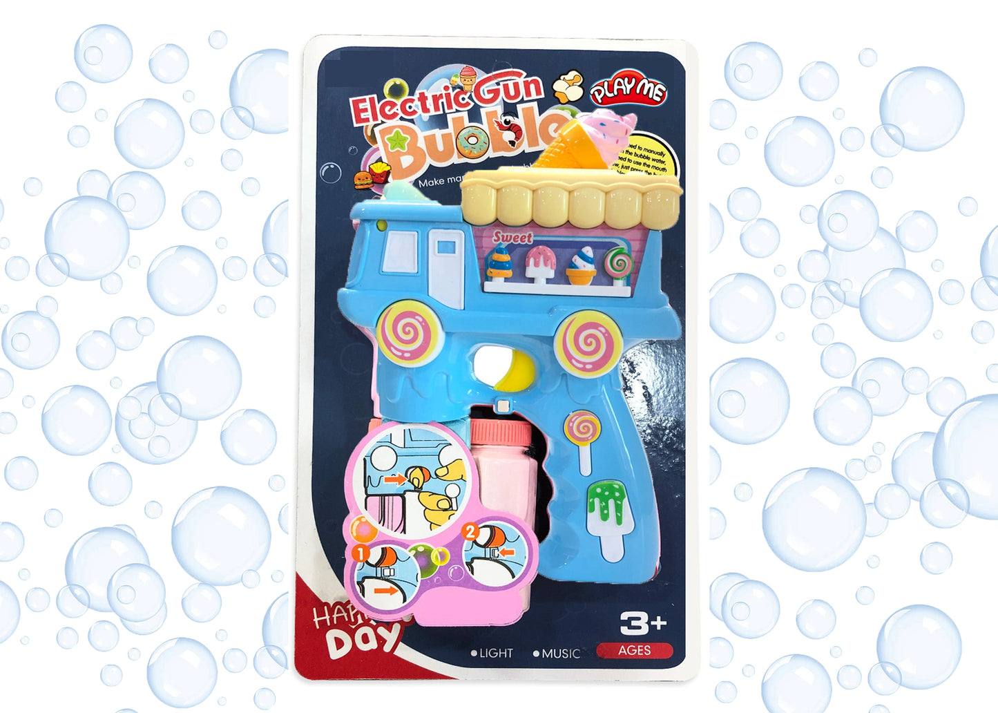 Electric Bubble Gun Toy for Kids – Ice Cream Bubble Shooter with Lights, Music & 2 Bubble Liquid Bottles