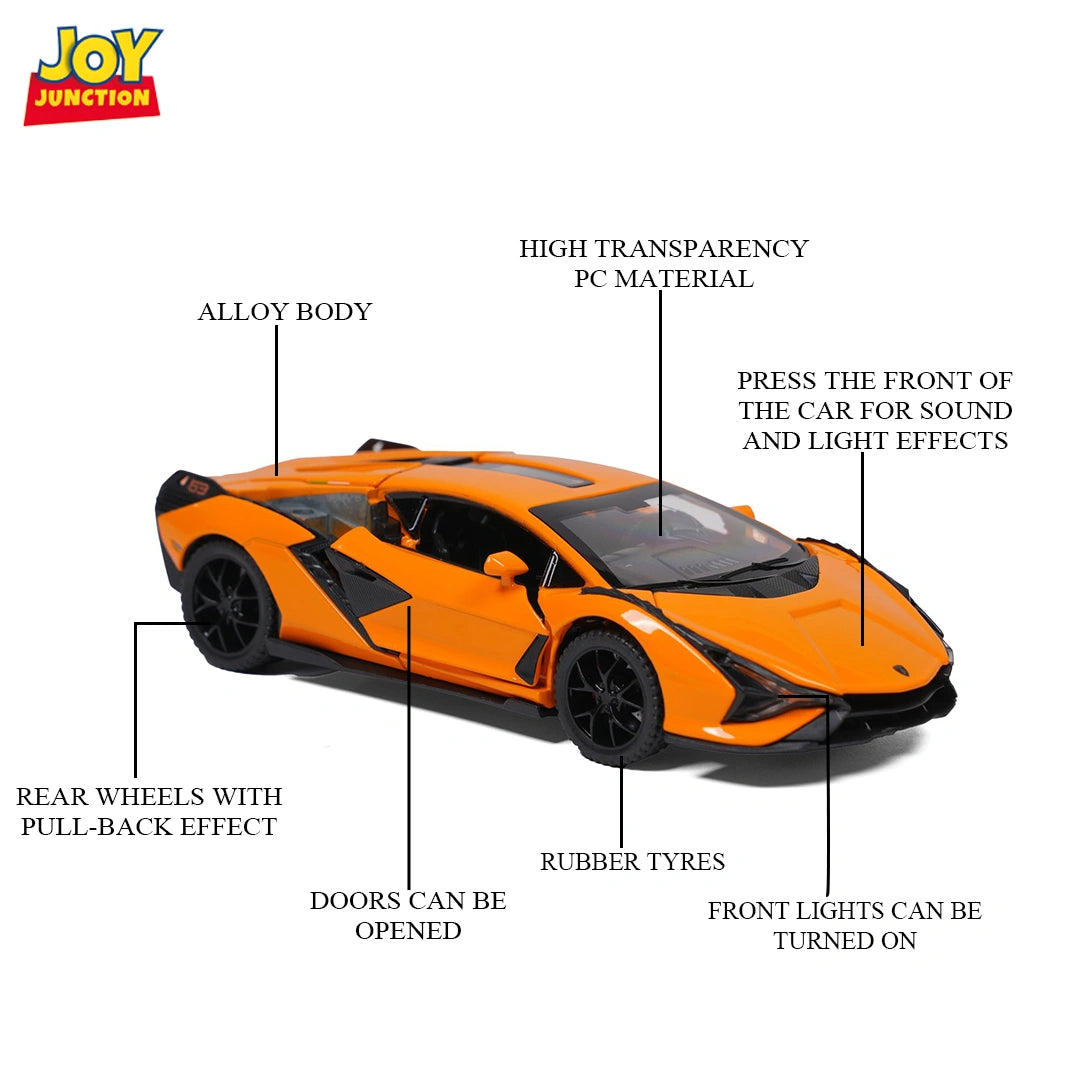 Lambo Sian FKP 37 Metal Toy Car – 1:32 Die-Cast Pull-Back Model with Lights, Sound & Openable Doors