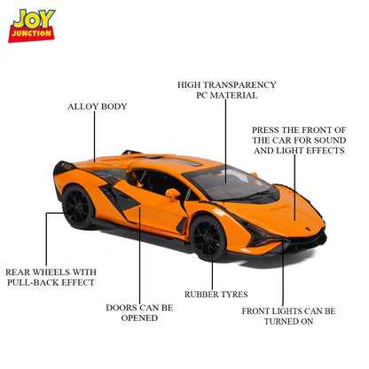 Lambo Sian FKP 37 Metal Toy Car – 1:32 Die-Cast Pull-Back Model with Lights, Sound & Openable Doors