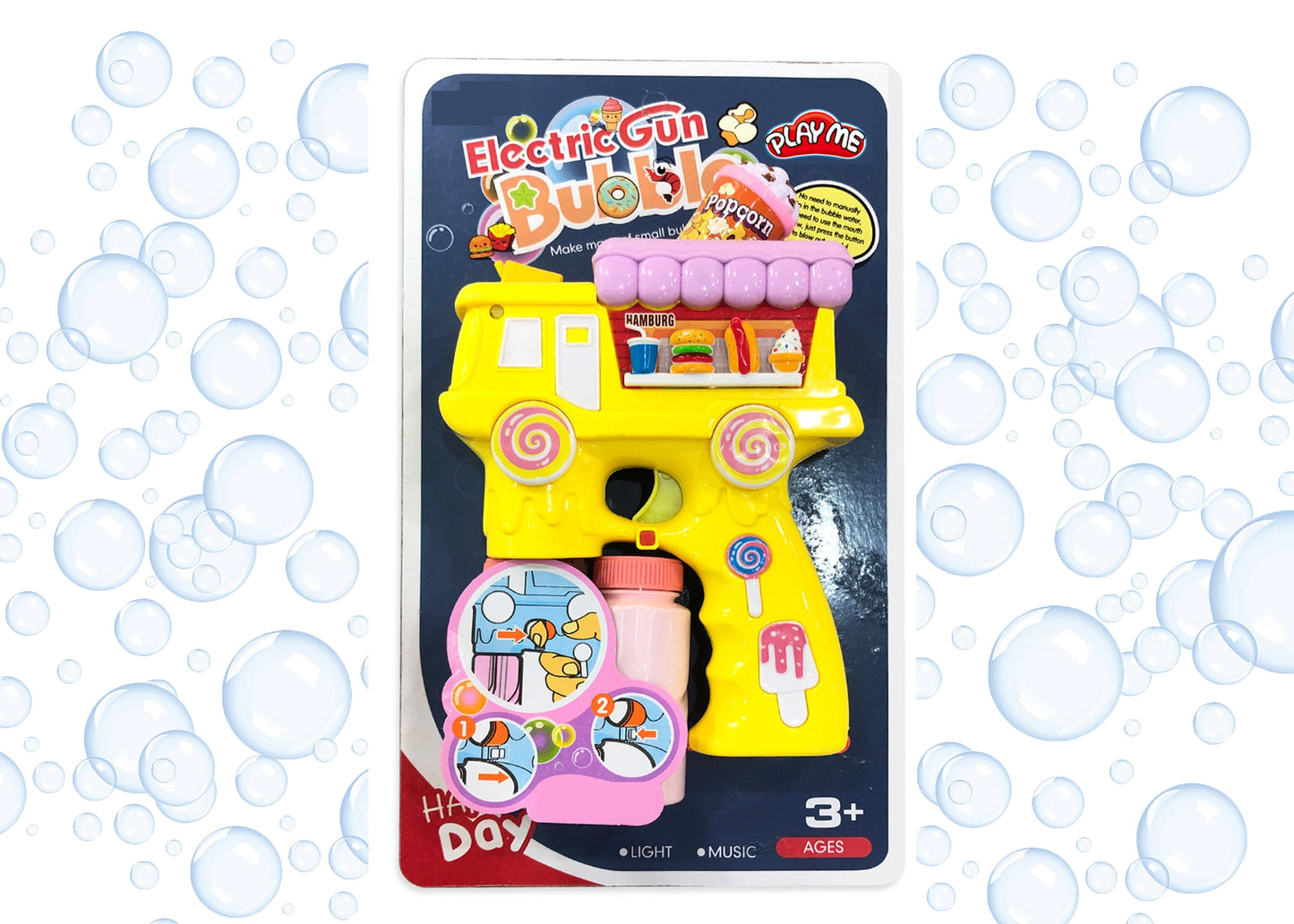 Electric Bubble Gun Toy for Kids – Popcorn Bubble Shooter with Lights, Music & 2 Bubble Solution Bottles