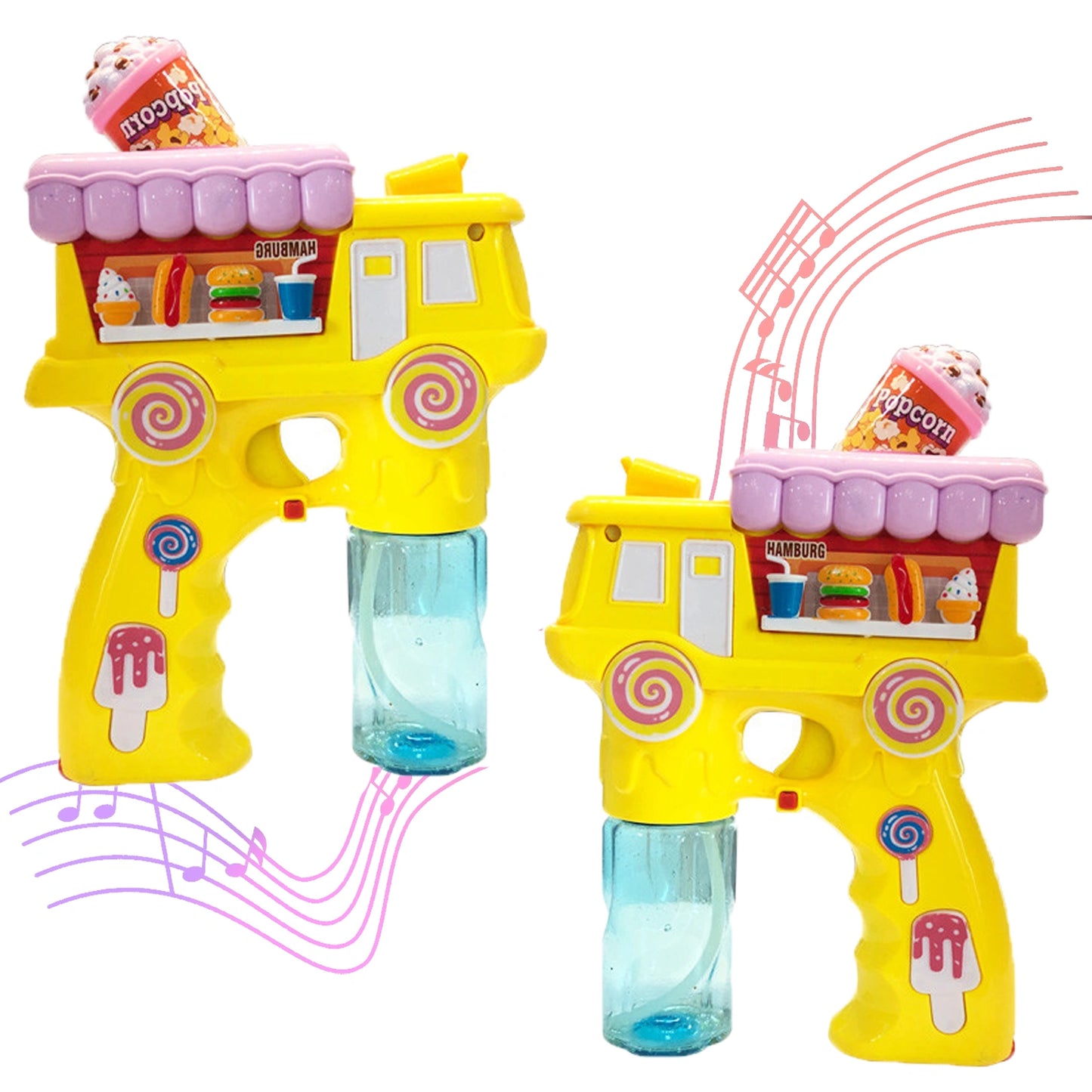 Electric Bubble Gun Toy for Kids – Popcorn Bubble Shooter with Lights, Music & 2 Bubble Solution Bottles