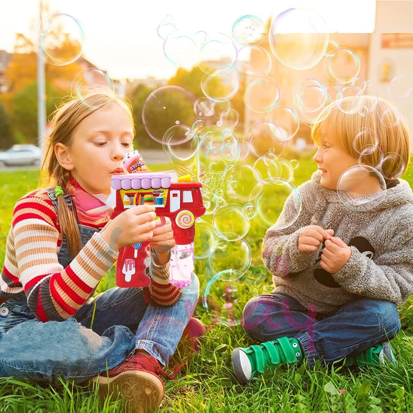 Electric Bubble Gun Toy for Kids – Popcorn Bubble Shooter with Lights, Music & 2 Bubble Solution Bottles