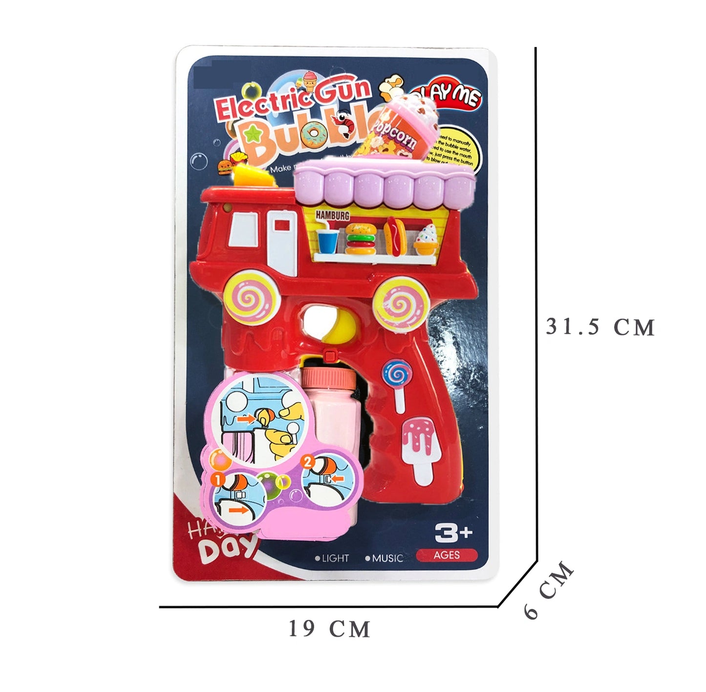 Electric Bubble Gun Toy for Kids – Popcorn Bubble Shooter with Lights, Music & 2 Bubble Solution Bottles