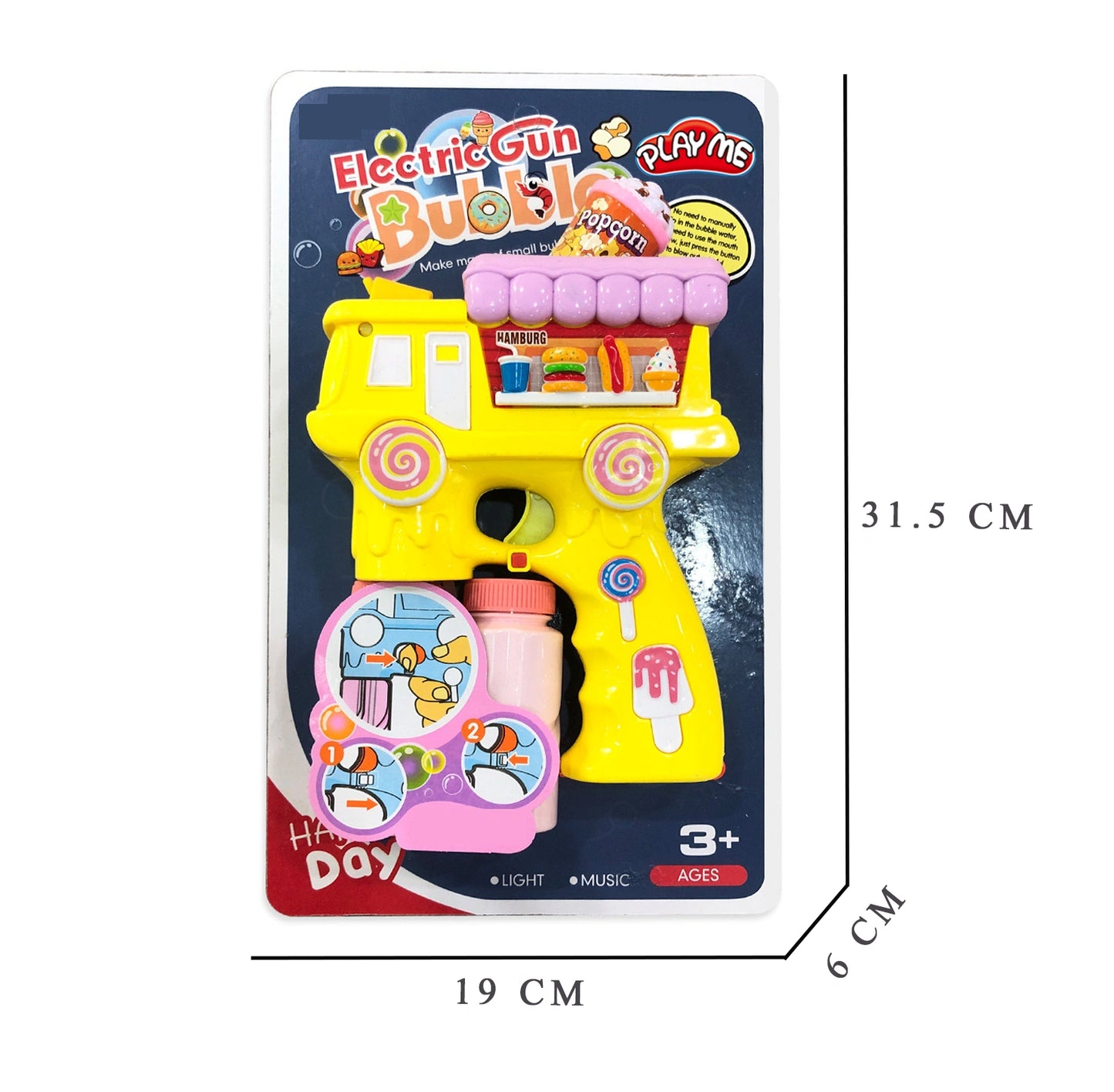 Electric Bubble Gun Toy for Kids – Popcorn Bubble Shooter with Lights, Music & 2 Bubble Solution Bottles