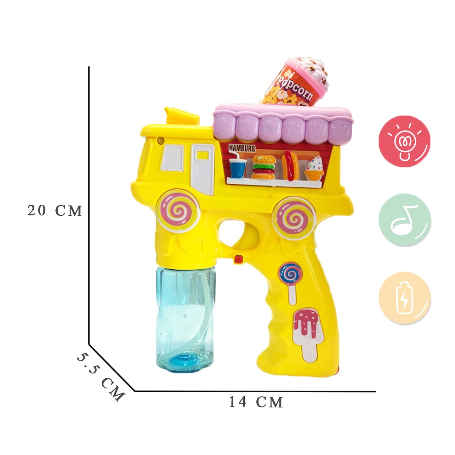 Electric Bubble Gun Toy for Kids – Popcorn Bubble Shooter with Lights, Music & 2 Bubble Solution Bottles